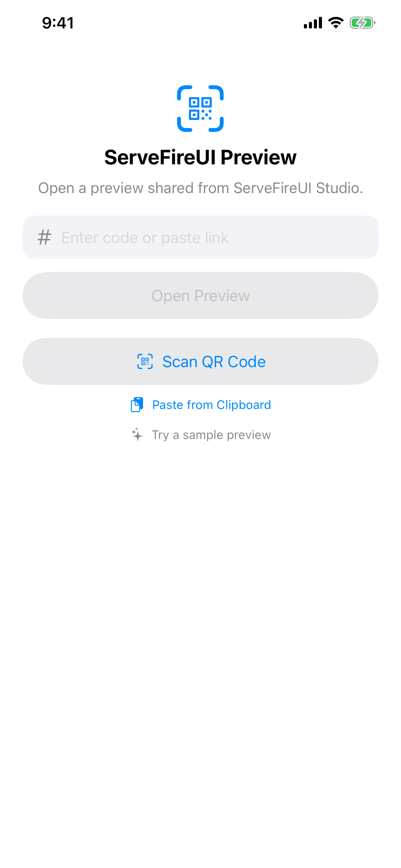 ServeFireUI Preview entry screen with options to enter a code, paste a link, scan a QR, or try a sample