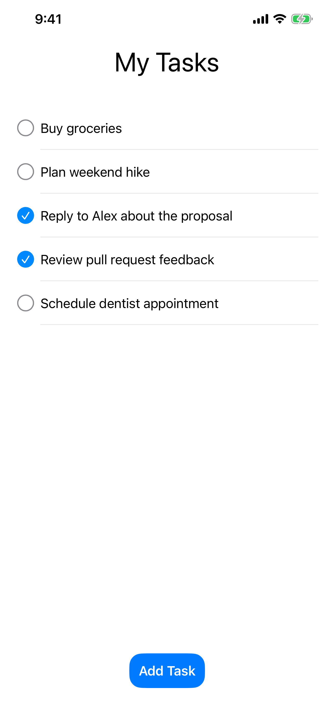 A My Tasks todo list rendered natively from a ServeFireUI design, with checkboxes and an Add Task button