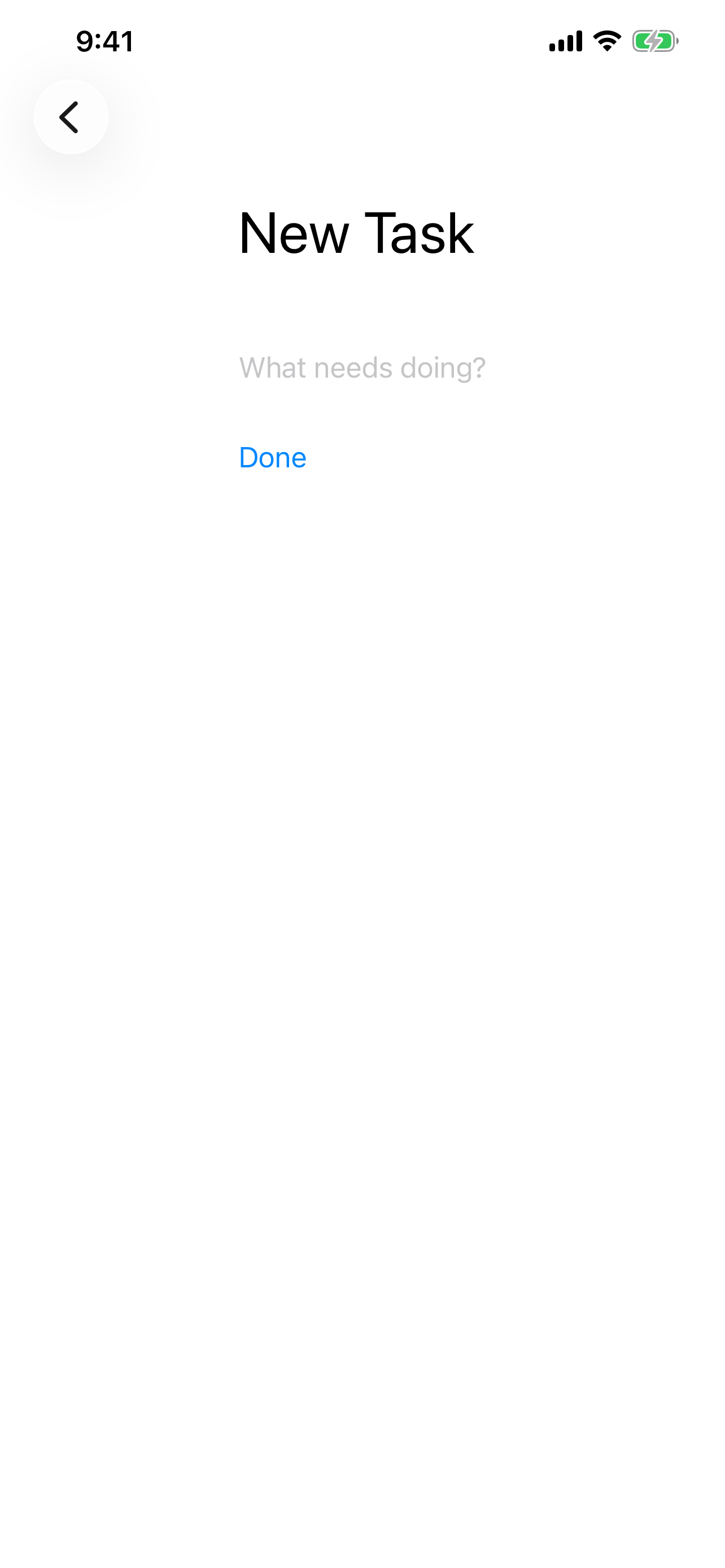 The New Task form with an input field and a Done button