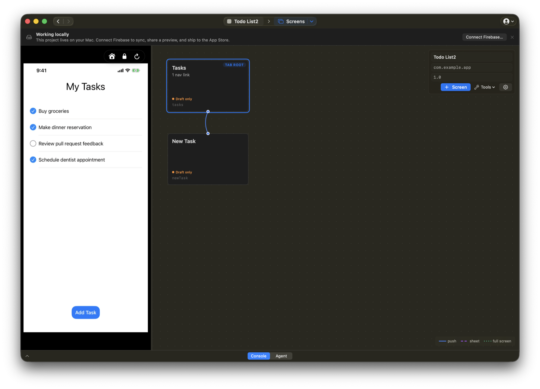 ServeFireUI Studio app view showing the Tasks and New Task screens connected as a flow, with a live iPhone preview on the left