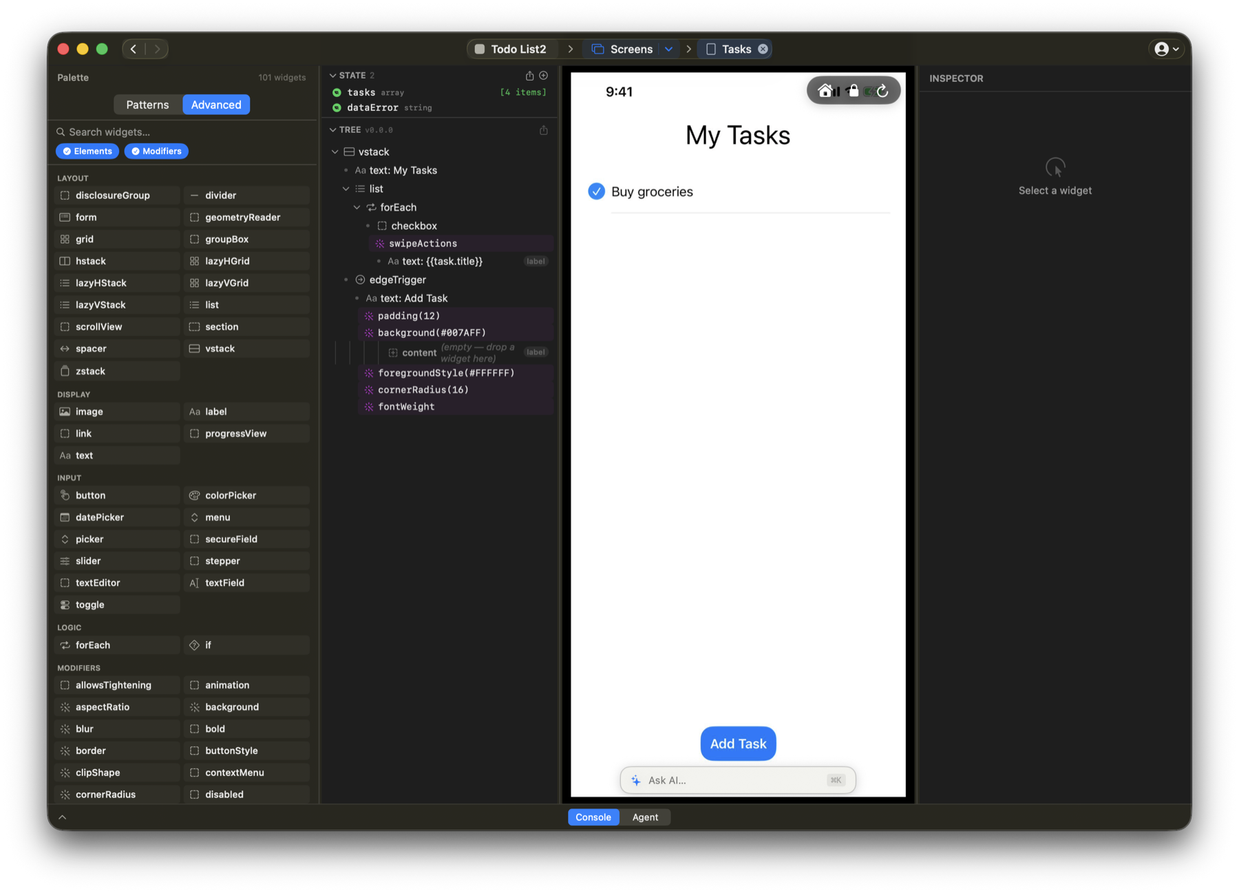 ServeFireUI Studio screen editor with a widget palette, tree, sim canvas rendering My Tasks, and an inspector